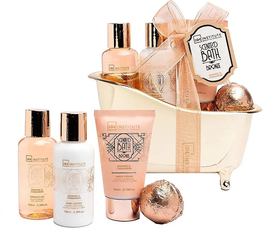 IDC Institute Scented Bath Bronze Orange &amp; Cinnamon Set (sh/gel/100ml + b/lot/100ml + h/cr/80ml + b/bomb/40g) Set za negu tela