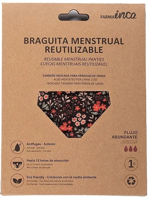 Inca Reusable Flores Menstrual Panties L Menstrualne gaćice, crne sa cvetovima, veličina L