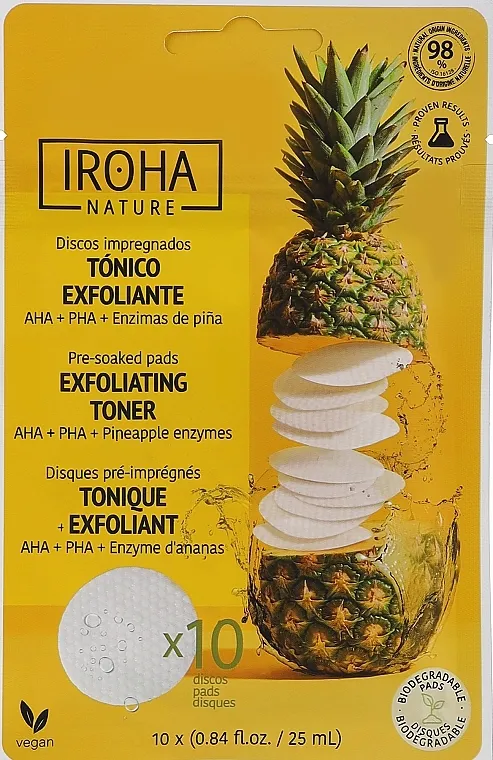 Iroha Nature Exfoliating Toner Pre-soaked Pads Eksfolijacijski i posvetljujući tonirajući jastučići sa glikolnom kiselinom i enzimima ananasa