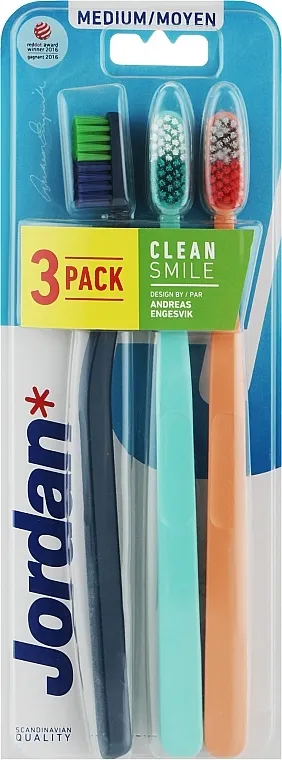 Jordan Clean Smile Medium Četkica za zube srednja, 3 kom (menta, narančasta, tamno plava)