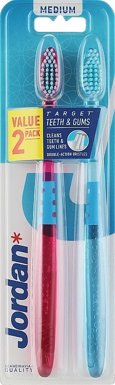 Jordan Target Teeth Toothbrush Četkica za zube, srednje tvrda, crvena sa listom + plava sa cvetovima