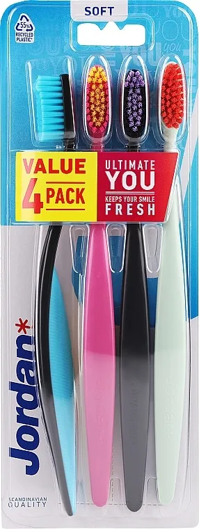 Jordan Ultimate You Soft Toothbrush Četkica za zube meka, 4 kom, crne + roze + mint