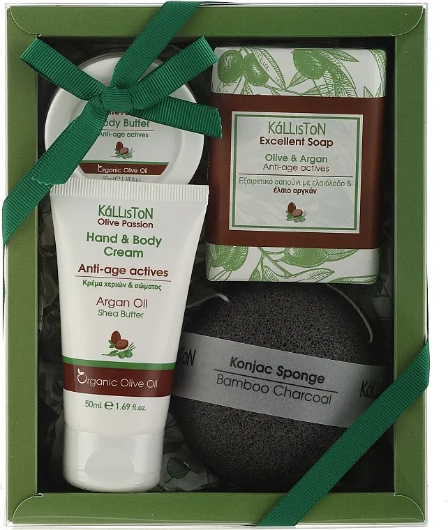 Kalliston Gift Box Argan (body/cr/50ml + b/butter/50ml + soap/100g + sponge) Set, crna sunđerasta sa bambusovim ugljem