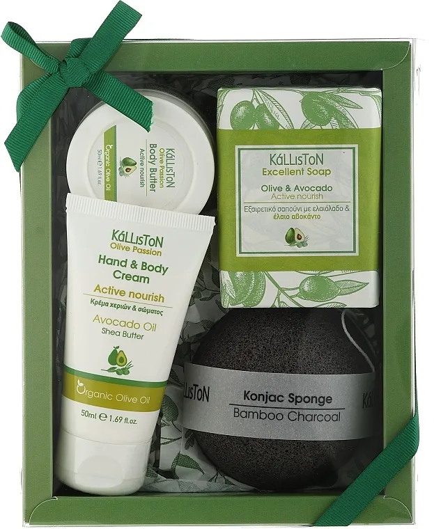 Kalliston Gift Box Avocado (body/cr/50ml + b/butter/50ml + soap/100g + sponge) Set, crna sunđer sa bambusovim ugljem