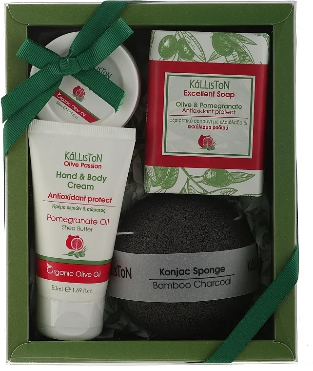 Kalliston Gift Box Pomegranate (body/cr/50ml + b/butter/50ml + soap/100g + sponge) Set, crna sundjer sa bambusovim ugljem