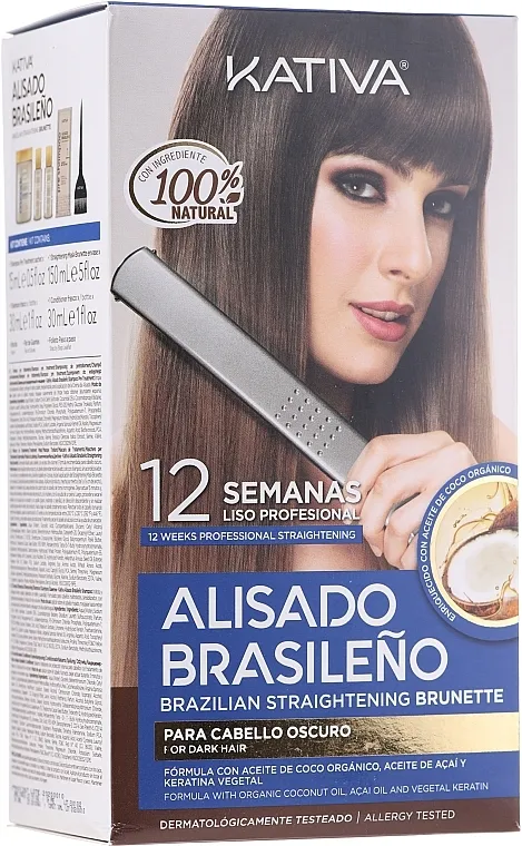 Kativa Alisado Brasileno Straighten Brunette (shm/15ml + mask/150ml + shm/30ml + cond/30ml + brush/1pcs + gloves/1pcs) Set za keratinsko ispravljanje kose, za brinete