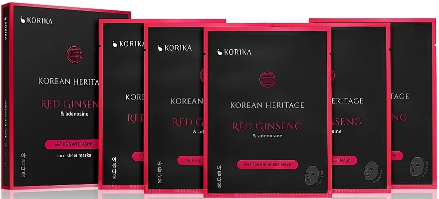Korika Korean Heritage Red Ginseng &amp; Adenosine Anti-aging Sheet Mask Set (f/mask/5x25g) Set protiv starenja maski u listićima sa crvenim ginsengom i adenozinom