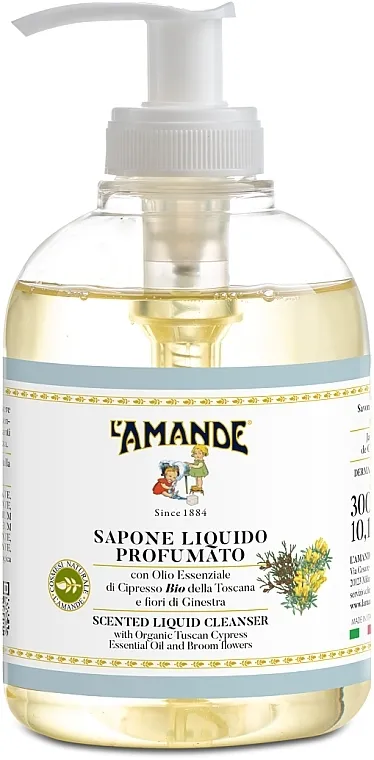 L'Amande Scented Liquid Cleanser With Organic Tuscany Cypress Essential Oil Mirisni tečni sapun Toskana Kiparis i Cvati drena, hidratantno-tonizirajući