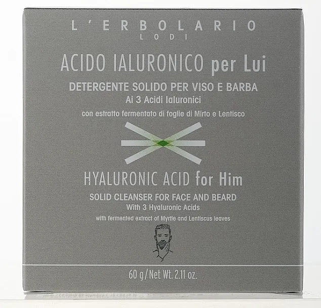 L'Erbolario Hyaluronic Acid For Him Solid Cleanser For Face And Beard With 3 Hyaluronic Acids Detoksikacioni sapun u ploči za lice i bradu sa hijaluronskom kiselinom za muškarce