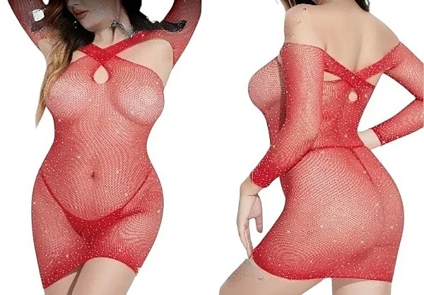 Lolita Accessories Erotska haljina od mreže, elastična sa kristalima, dugi rukav, crvena