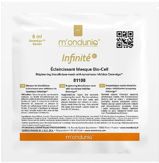 M'onduniq Bio-Cell Brightening Biocellulose Mask With Tyrosinase Inhibitor Delentigo Posvetljujuća biocelulozna maska sa inhibitorom tirozinaze