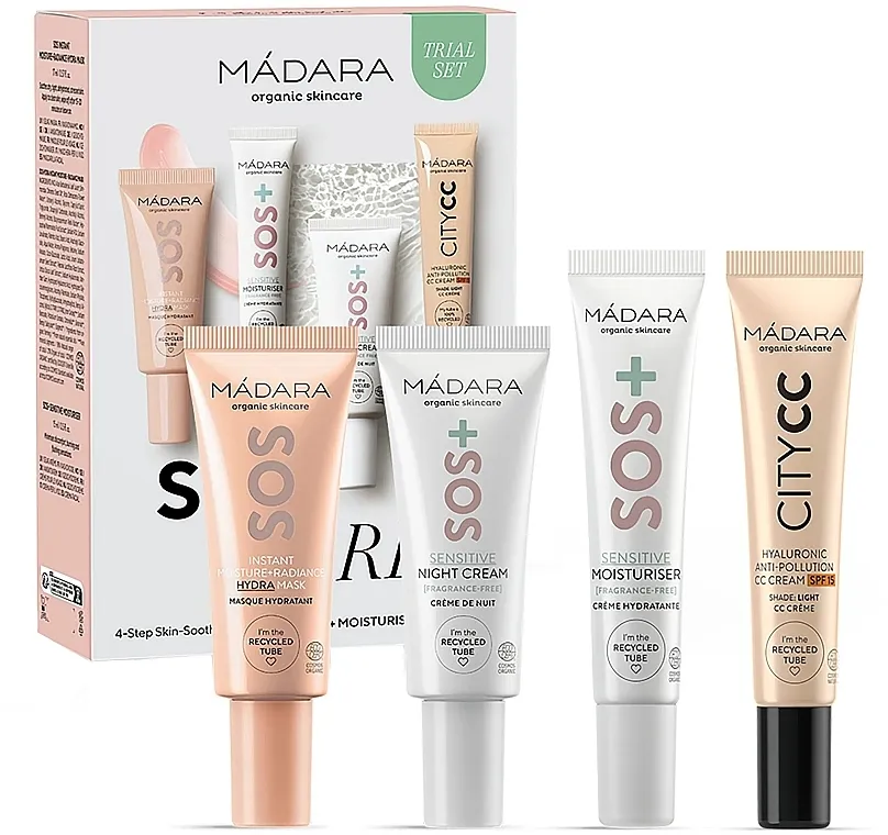 Madara Cosmetics SOS Care 4-Step Skin-Soothing Routine (f/mask/mini/17ml + f/d/cr/mini/15ml + f/n/cr/mini/17ml + cc/cr/mini/15ml) Set