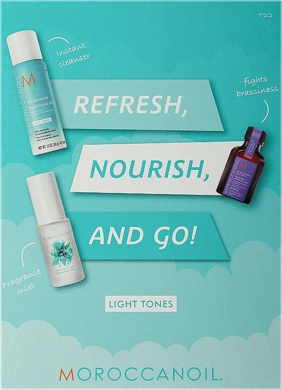 Moroccanoil Refresh, Nourish &amp; Go! Light Tones (dry/shmp/62ml + oil/25ml + mist/30ml) Set za plavu kosu
