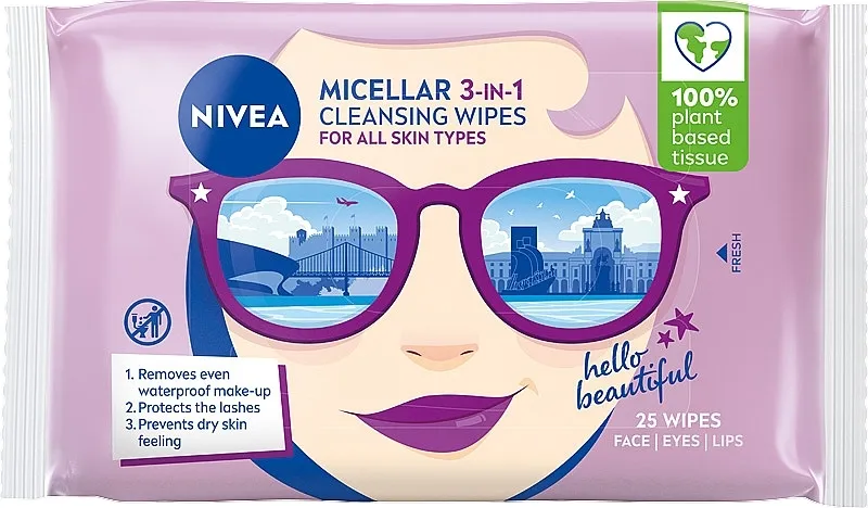 NIVEA Biodegradable Micellar Cleansing Wipes 3 In 1 Biorazgradive micelarne maramice za skidanje šminke, ljubičaste naočare