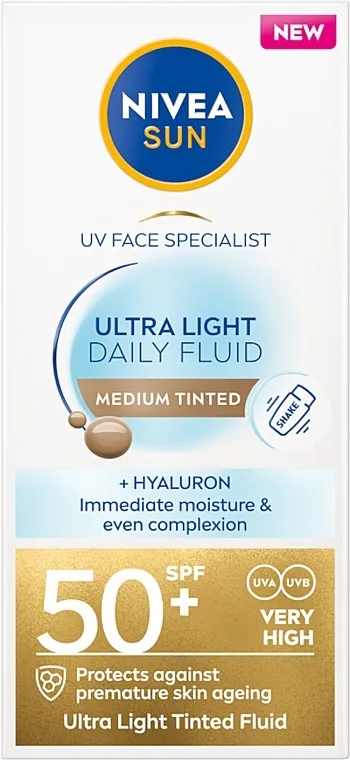 Nivea Sun Ultra Light Daily Fluid Medium Tinted SPF50+ krem za sunčanje SPF50+ srednja nijansa