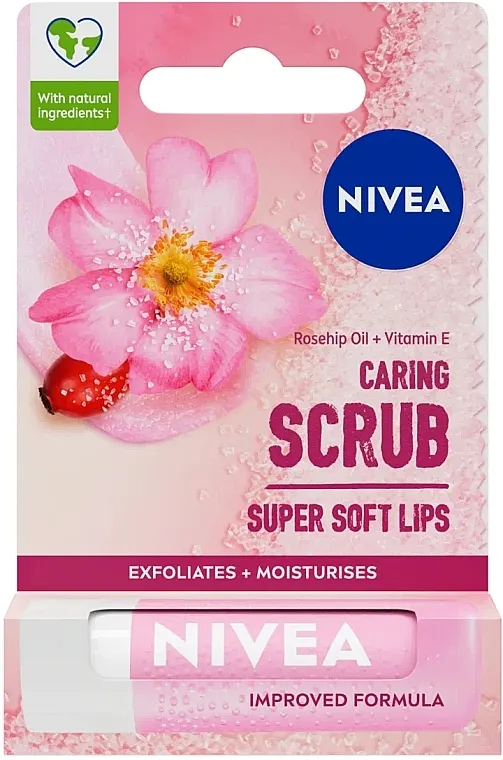 Njegujući piling za usne u stiku Divlja ruža NIVEA Caring Scrub Super Soft Lips Rosehip Oil + Vitamin E