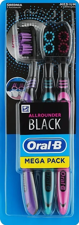 Oral-B Allrounder Black Medium četkica za zube 'Svestrano čišćenje', srednje tvrda, 3 kom., tirkizna + ljubičasta + ružičasta