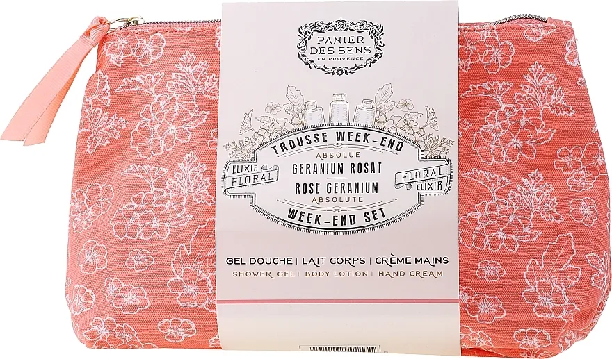 Panier des Sens Rose Geranium Week-End Set (sh/gel/70ml + b/lot/70ml + h/cr/30ml + bag)