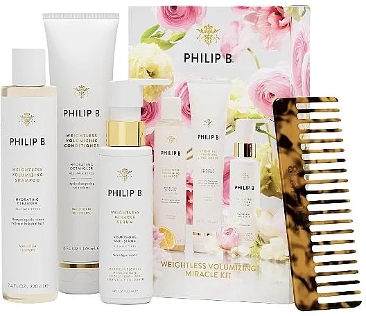 Philip B Weightless Volumizing Miracle Kit (shmp/220ml + cond/178ml + ser/120ml + detangl/comb) Set