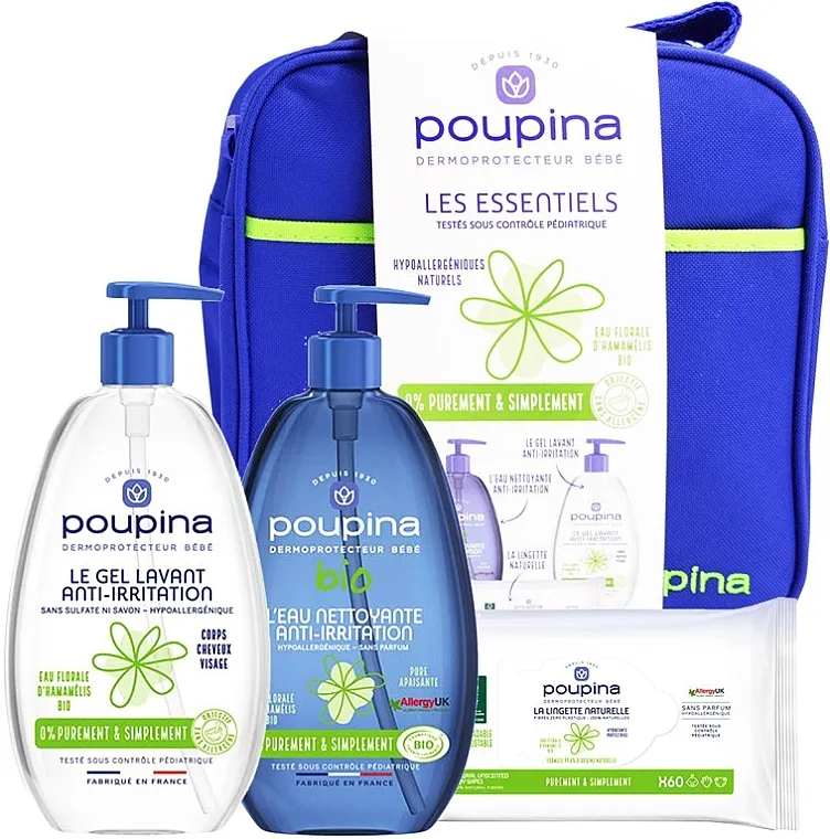 Poupina Les Essentiels (cl/gel/485ml + cl/water/485ml + wipes + bag) Set