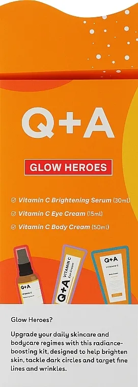 Q + A Glow Heroes Gift Set (f/ser/30ml + eye/cr/15ml + b/cr/50ml) Set proizvoda za blistavu kožu
