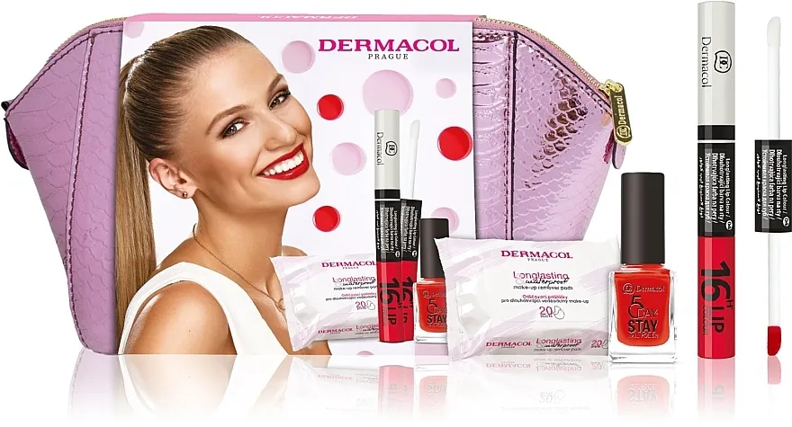 Set Dermacol 16H Lip Colour (lip/gloss/4.3ml + n/polish/11ml + pads/20pcs + bag)
