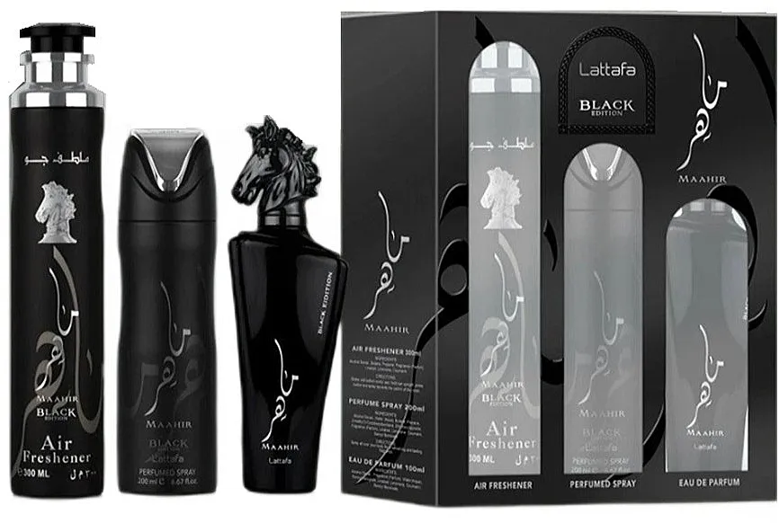 Set (edp/100ml + b/spray/200ml + air/freshener/300ml) Lattafa Perfumes Maahir Black Edition