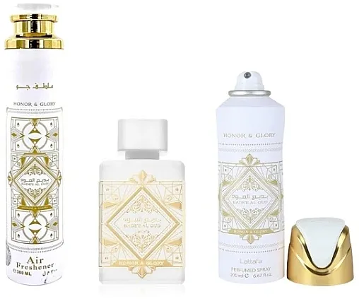 Set (edp/100ml + deo/200ml + air/fresh/300ml) Lattafa Perfumes Bade'e Al Oud Honor &amp; Glory