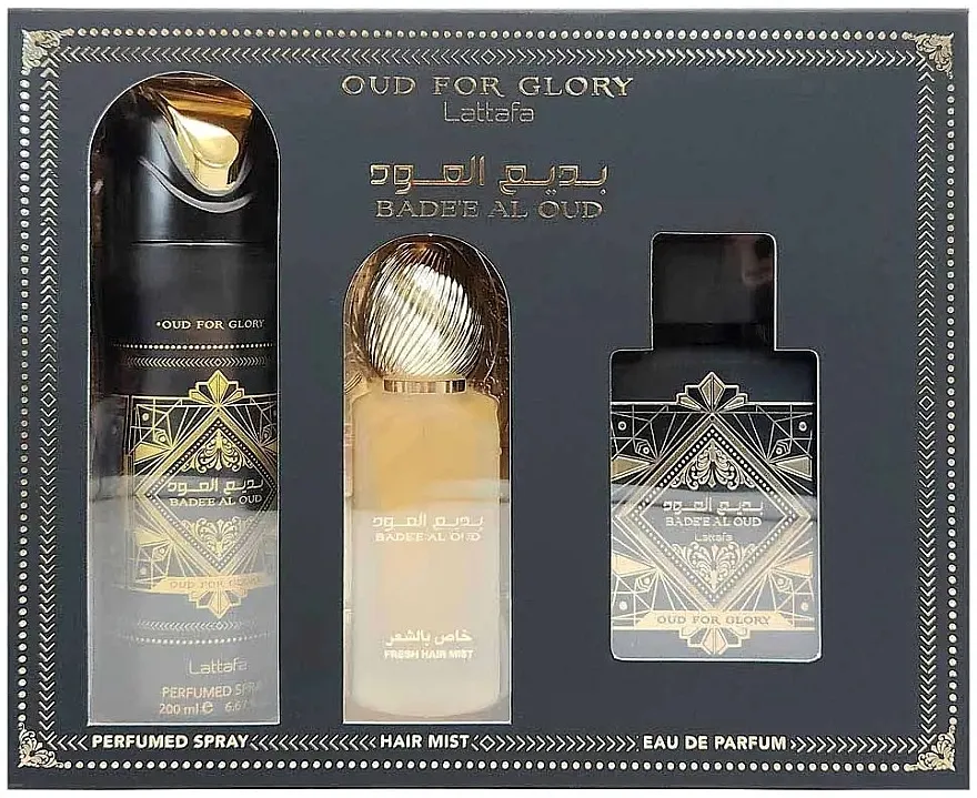 Set (edp/100ml + deo/200ml + sprej za kosu/50ml) Lattafa Bade'e Al Oud for Glory