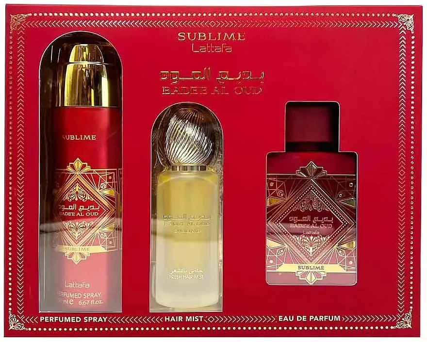 Set (edp/100ml + dezodorans/200ml + sprej za kosu/50ml) Lattafa Badee Al Oud Sublime