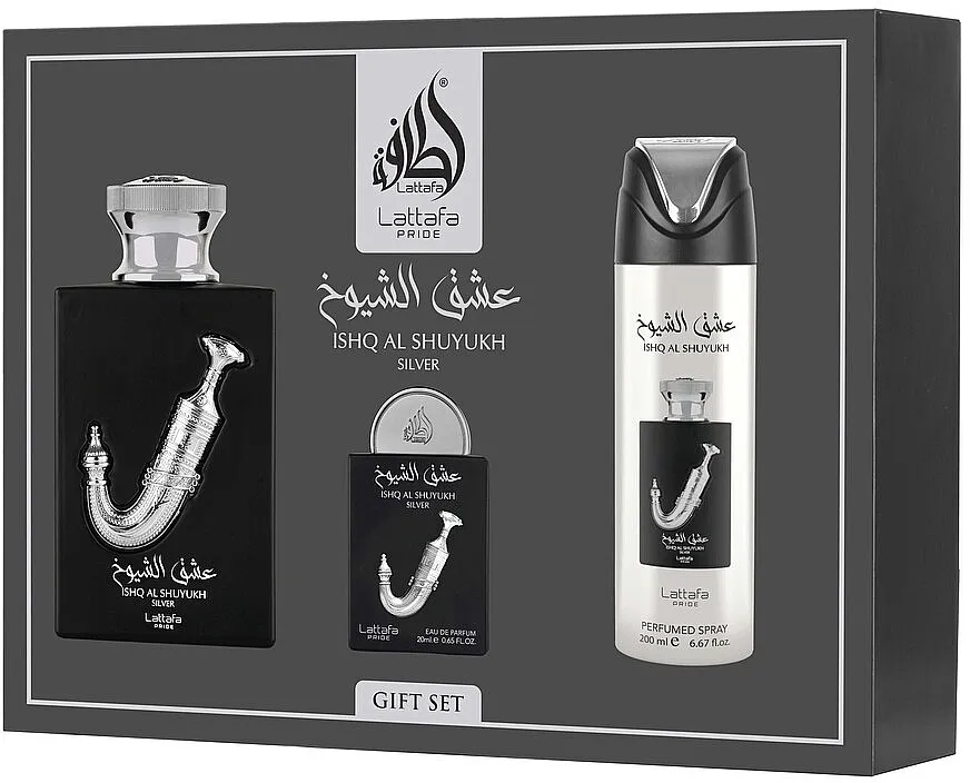 Set (edp/100ml + edp/20ml + deo/spray/200ml) Lattafa Perfumes Ishq Al Shuyukh Silver