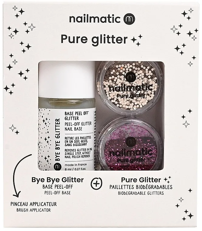 Set - NAME_DESCR Nailmatic Pure Glitter Gold/Dark Pink Glitter (base/8ml + glitter/2pcs + brush)