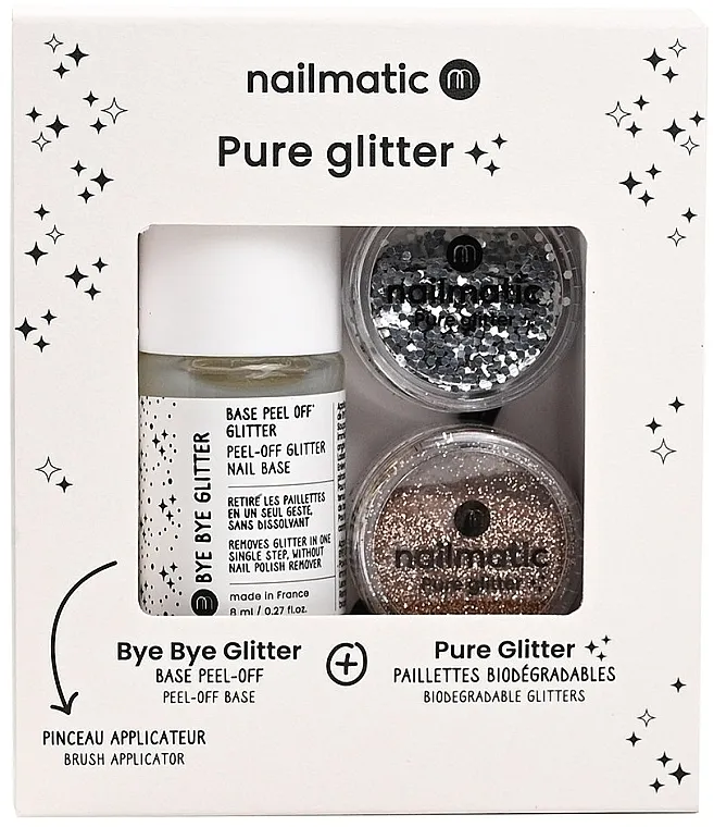 Set - NAME_DESCR Nailmatic Pure Glitter Silver/Gold Glitter (base/8ml + glitter/2pcs + brush)