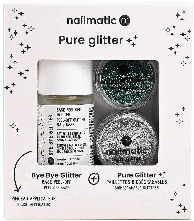 Set - NAME_DESCR Nailmatic Pure Glitter Turquoise/Silver Glitter (base/8ml + glitter/2pcs + brush)