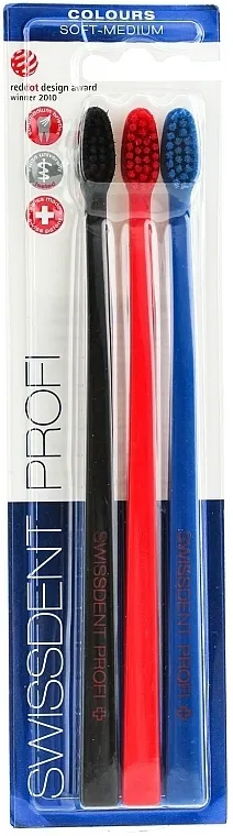 SWISSDENT Profi Colours Soft-Medium Trio-Pack Set četkica za zube, srednje meka, crna+crvena+plava