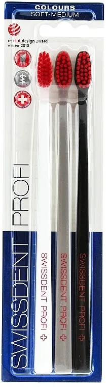 SWISSDENT Profi Colours Soft-Medium Trio-Pack Set četkica za zube, srednje meka, crna+bijela+siva