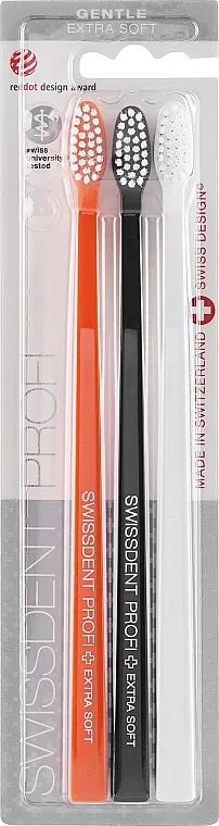SWISSDENT Profi Gentle Extra Soft Set četkica za zube, extra meke, bijela, crna, narančasta