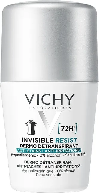 Vichy Deo Invisible Resist 72H Roll-on dezodorans-antiperspirant, 72h zaštite od znoja i mirisa protiv žutih i belih fleka na odeći