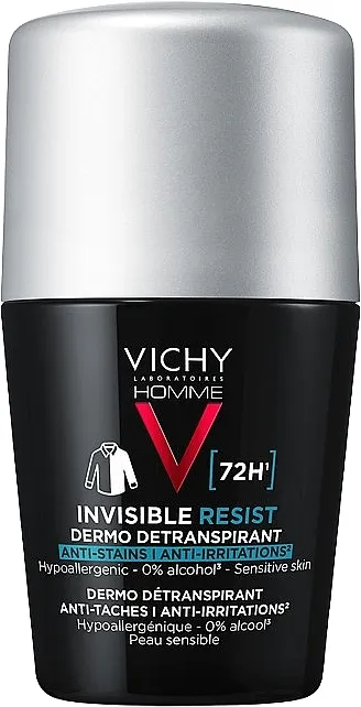 Vichy Homme Deo Invisible Resist 72H Roll-on dezodorans-antiperspirant za muškarce, 72h zaštite od znoja i mirisa protiv žutih i belih fleka na odeći