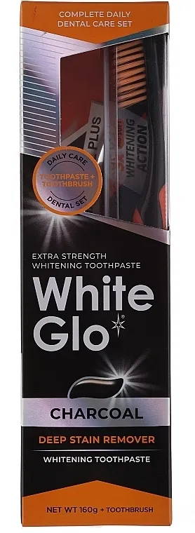 White Glo Charcoal Deep Stain Remover (toothpaste/160g + toothbrush/1pcs) Set, crno-narandžasta četkica za zube