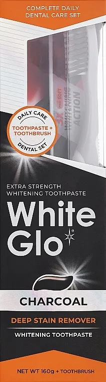 White Glo Charcoal Deep Stain Remover (toothpaste/160g + toothbrush/1pcs) Set, sivo-bela četkica za zube