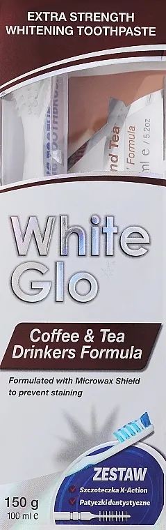 White Glo Coffee &amp; Tea Drinkers Formula Whitening Toothpaste (toothpaste/100ml + toothbrush) Set 'Za ljubitelje kafe i čaja', ljubičasta četkica za zube