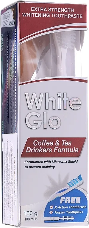 White Glo Coffee &amp; Tea Drinkers Formula Whitening Toothpaste (toothpaste/100ml + toothbrush) Set "Za ljubitelje čaja i kave", plavo bijeli kist