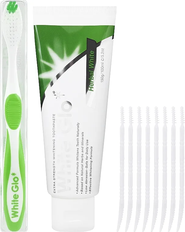 White Glo Herbal White Set (t/paste/100ml + t/brush/1pc + dental/flosser) Set sa belo-zelenom četkicom