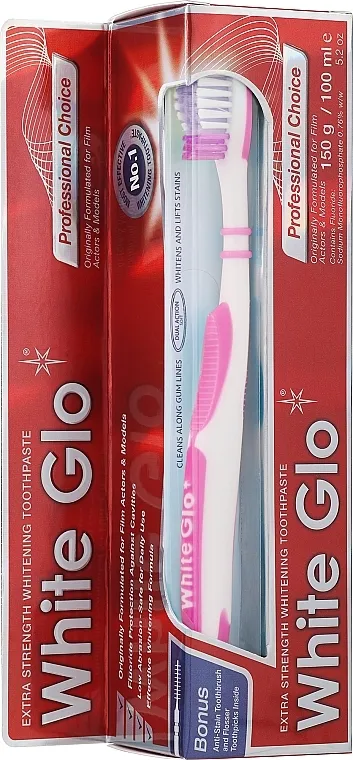 White Glo Professional Choice Whitening Toothpaste (toothpaste/100ml + toothbrush) Set "Izbor profesionalaca", ružičasti kist