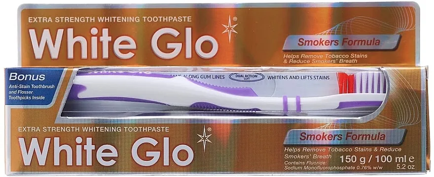 White Glo Smokers Formula Whitening Toothpaste (toothpaste/100ml + toothbrush) Set "Za pušače", ljubičasta četka