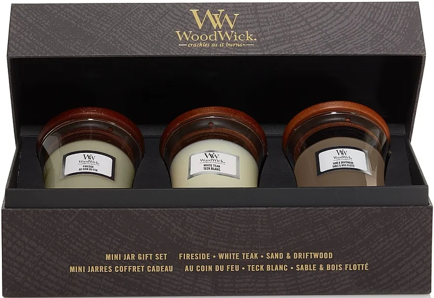 WoodWick 3 Mini Jar Set Fireside x White Teak x Sand &amp; Driftwood (candle/3x85g)