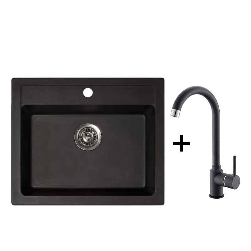Metalac SUPER PONUDA set granitna usadna sudopera xQuadro ...Metalac SUPER PONUDA set granitna usadna sudopera xQuadro 60 crna 600x500 + xGranit slavina Roto za sudoperu crna