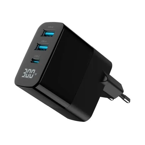 30W GaN USB Brzi Punjač sa LCD Ekranom i 3 Priključka Gembird TA-UC-PDQC30LCD-BK-02