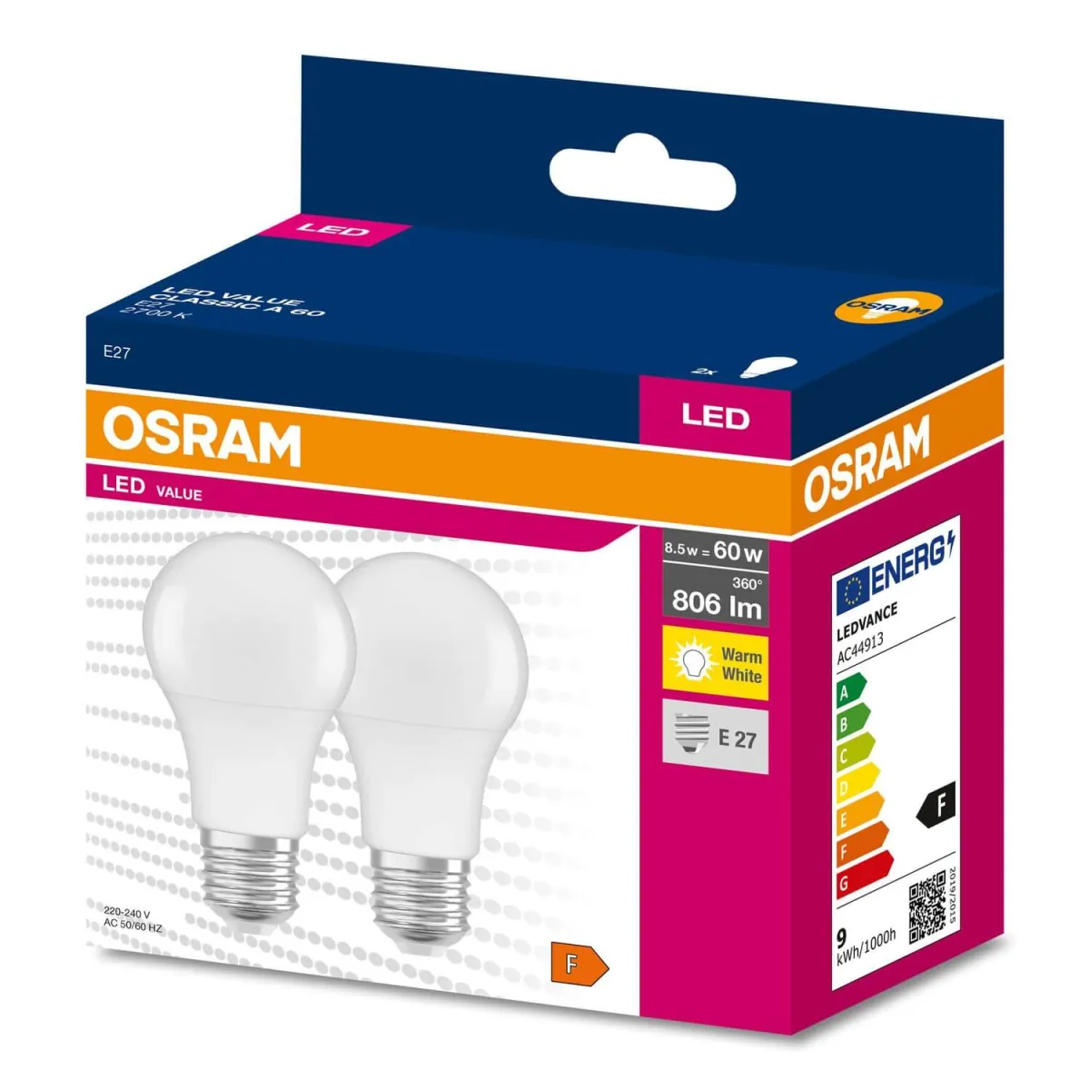 AC44913 LED sijalica 2/1 CL A 60 E27 8.5W 2700K  toplo bela Osram